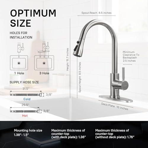WEWE Single Handle High Arc Brushed Nickel Pull Out Kitchen Faucet,Single Level Stainless Steel Kitchen Sink Faucets with Pull Down Sprayer,Suitable for Laundry Rv Bar thumbnail 3