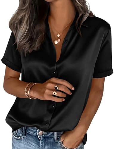 PRETTYGARDEN Womens 2026 Summer Button Down Shirts Short Sleeve Work Tops Dressy Satin Blouses Spring Business Casual Outfits (Black,Small)