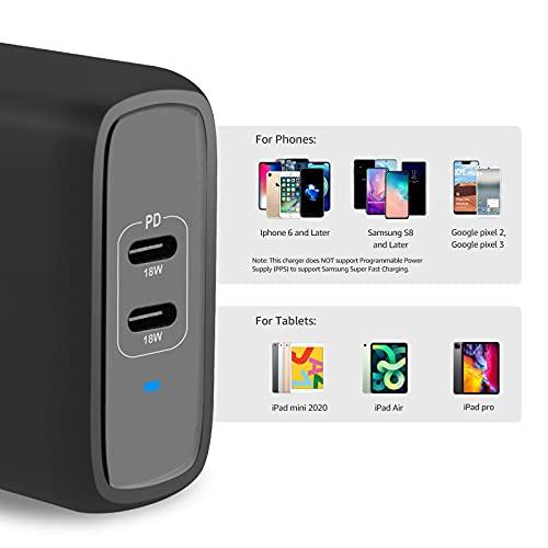 Amazon Basics 36W Two-Port USB-C Wall Charger (18W per Port) with Power Delivery PD for Tablets & Phones (iPhone 15/14/13/12/11/X, iPad, Samsung, and More), Non-PPS, 2.34 x 2.21 x 