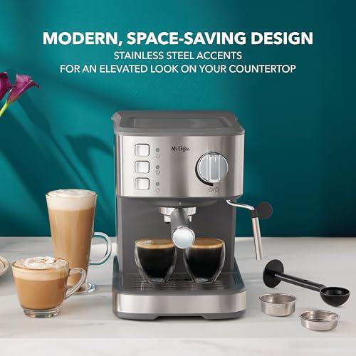 Mr. Coffee Compact Espresso Maker, Espresso Machine With Steam Wand, 15-Bar Pump Automatic Espresso Machine