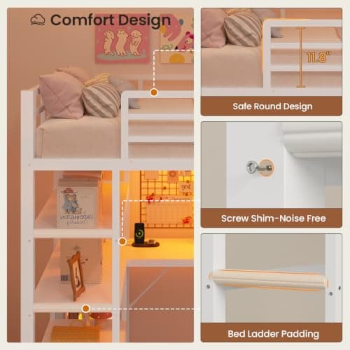 Miniatura de Cama Loft Matrimonial UPOSOJA con Escritorio en L, Cajonera, Estantes, Luz LED y Contactos 8
