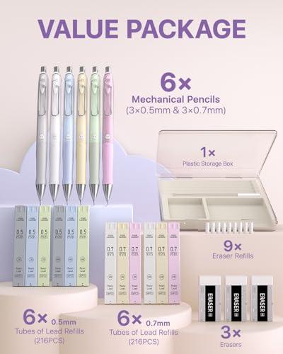 Four Candies Pastel Mechanical Pencil Set,6PCS Cute Mechanical Pencils with 432PCS 0.5 & 0.7 mm HB/2B Leads, 3PCS Erasers, 9PCS Eraser Refills,School Supplies for Writing, Drawing 