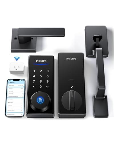 Philips Wi-Fi Smart Lock with Handle, Keyless Entry Keypad Door Lock with Handle, Front Door Deadbolt Set with WiFi Gateway, App Control, Fingerprint Unlock, PIN Code Unlock, Auto 