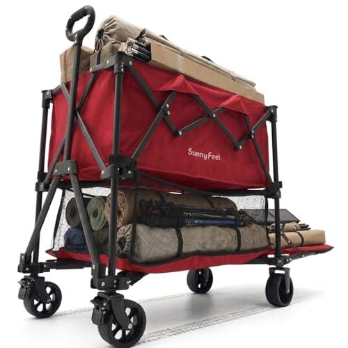 SUNNYFEEL Lightweight 47''L Double Decker Wagon for Sport, 270L Collapsible Wagon Cart,331lbs Collapsible Outdoor Utility Wagon Cart for Shopping Garden Camping,Red-Lightweight