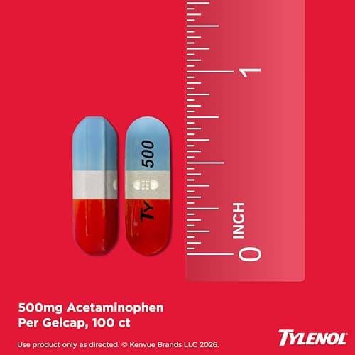 Tylenol Rapid Release Extra Strength Gelcaps, Acetaminophen 500 mg per Gel, Laser Drilled Holes Allow Fast, Strong Pain Relief, Fever Reducer, Gentle on Stomach, 100 Count Size thumbnail 5