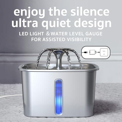 Veken Innovation Award Winner Stainless Steel Cat Water Fountain, 95oz/2.8L Automatic Pet Fountain Dog Water Dispenser with Replacement Filters & Silicone Mat, Gifts for Cats, Dogs