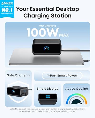 Anker Nano Charging Station, 7-in-1 USB-C Power Strip for iPhone 16, 2.3 ft Anker InstaCord Retractable Cable, 3 USB-C, 1 USB-A, 3 AC, 100W Desktop Fast Charging for MacBook, Home,