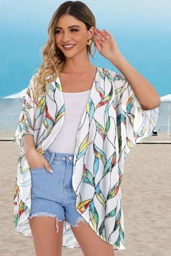 Womens Short Cardigans Casual Cover Up Open Front Kimono Tops Bathings Suit Shawl (White Colorful Leaves,M) thumbnail 5