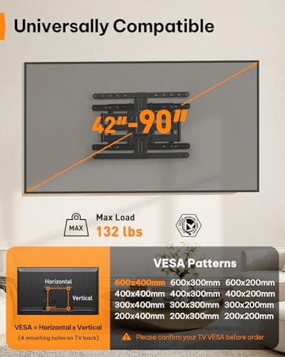 Perlegear Ultra Slim TV Wall Mount 1.1" Low Profile for 42-90" TVs, Fits 16"/24" Studs, Full Motion TV Mount Wall Bracket with Dual Articulating Arms, Swivel, Tilt, Max VESA 600x40 thumbnail 2