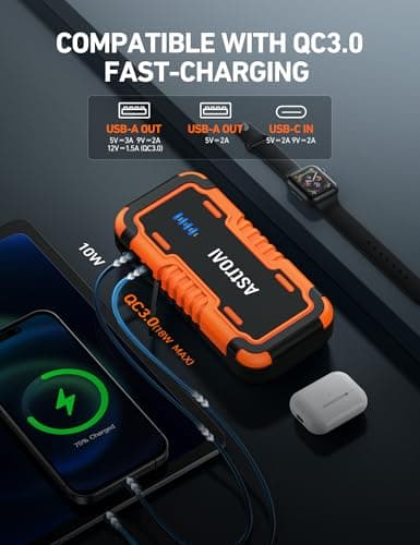 Booster AstroAI P10 5000A para Autos (Hasta 10L Gas/8L Diésel) con Power Bank y Linterna LED