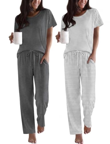 Ekouaer 2 Pack Womens Pajama Set Short Sleeve Top and Printed Pants Soft Pj