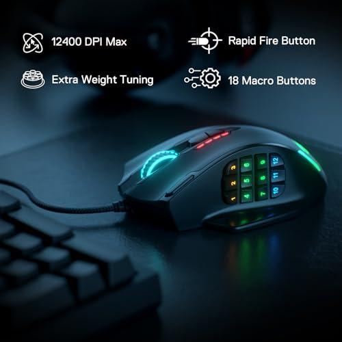 Mouse Gamer Redragon M908 Impact MMO RGB con 12 Botones y 12,400 DPI