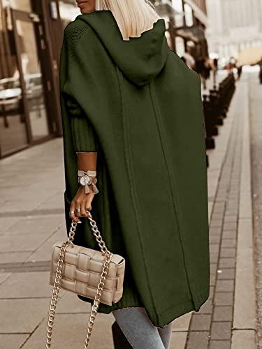 Miniatura de Aoysky Womens Long Cardigans Cable Knitted Open Front Oversized Hooded Outerwear Sweater Coat Army Green 3