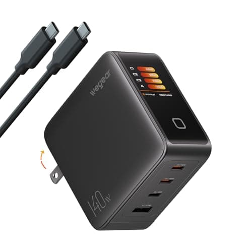 wegear 140W GaN USB C Charger Block, 4-Port PD3.1 Fast Wall Charger with Smart Display & Touch Control, Foldable Power Adapter with 240W USB-C Cable for MacBook Pro, iPhone 18/17, iPad, Galaxy S25/S24