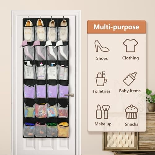 FENTEC 24 Large Pockets Over Door Shoe Organizer, Mesh Hanging Shoe Organizer for Closet Mesh Closet Holder, Back of Door Organizer for Cruise Ships, Rack for Wall, Black, 1 Pack