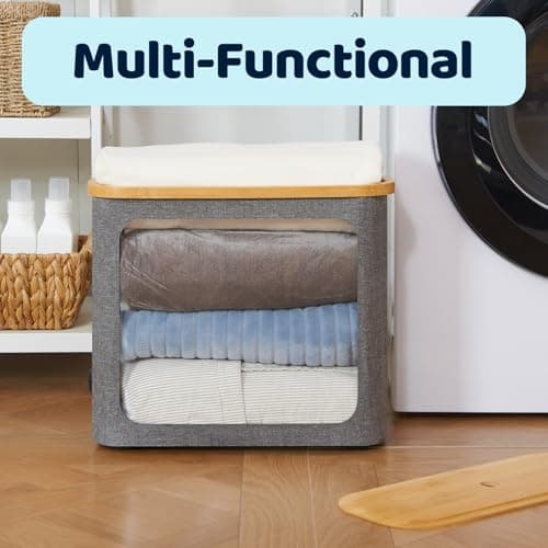 Miniatura de ROSOS Toilet Paper Basket, Toilet Paper Storage with Lid for 12 Rolls, Bathroom Storage Organizer with Bamboo Lid, Grey 9