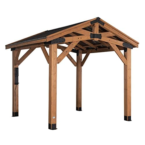 Backyard Discovery Norwood 10' x 10' Cedar Wood Outdoor Gazebo Pavilion with Hardtop Galvanized Steel Peak Roof, Snow Support, Wind Resistance, PowerPort, Shade for Garden, Patio, 