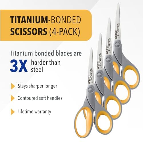 Westcott 8-Inch Titanium Bonded Scissors for Home, Office, and Classroom - Perfect for Cutting Paper, Sewing, and Crafts - Heavy-Duty Design with Soft Handle - Gray/Yellow - 4-Pack