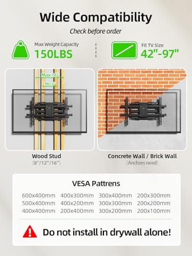 USX MOUNT Full Motion TV Wall Mount for 42-97 Inch TVs up to 150lbs, Swivel and Tilt Wall Mount TV Barcket with Extension, Max VESA 600x400mm & 16" Wood Studs，Fit Most 75 85 86 90  thumbnail 4