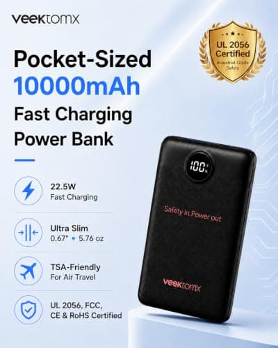 VEEKTOMX 10000mAh Mini Power Bank, 22.5W Fast Charger for iPhone Android
