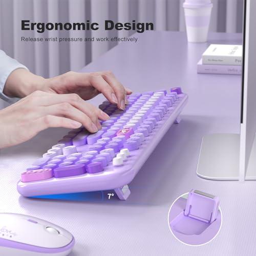 MOFII Wireless Keyboard and Mouse Combo, Full Size 2.4G Plug and Play Typewriter Retro Round Computer Keyboard and Mouse Set for Windows, Computer, Desktop, PC, Notebook - (Purple 