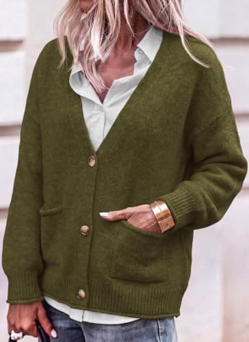 Miniatura de Cárdigan Corto Casual Dowerme para Mujer con Botones, Tejido Grueso, Verde Militar, Talla S 4