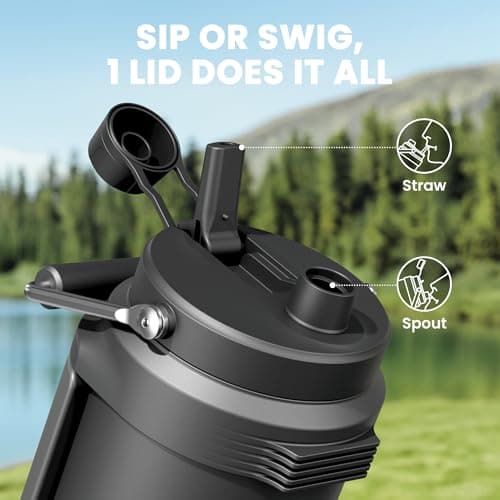 64 oz Insulated Water Bottle for Gym: Meoky Triple Wall Vacuum Stainless Steel Half Gallon Water Jug - Top and Side Handles, 2-in-1 Straw and Spout Lid, Cold for 36 Hrs, Leak Proof for Camping (Night) thumbnail 4