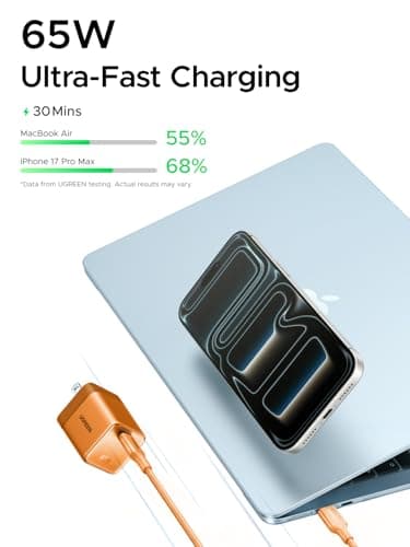 UGREEN Nexode Air 65W USB C Charger, Foldable Mini Charger Block Fast Charging with USB C Cable, GaN Charger for MacBook Air/Neo/Pro, iPhone 17 16, Galaxy S26/S25, iPad, Orange thumbnail 3