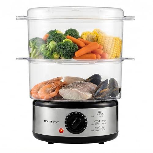 OVENTE 2-Tier Electric Food Steamer, 5 Quart Stainless Steel Stackable Steam Cooker with 400W Power, 60-Minute Timer & Auto Shut-Off, Dishwasher Safe, Healthy Vegetable & Seafood S