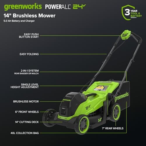Greenworks 24V 14 in Push Lawn Mower, 5.0 Ah Battery and Charger thumbnail 2