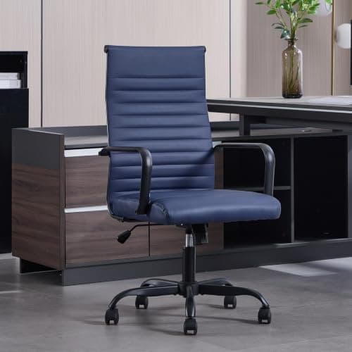 Haranuo Office Chair, Ergonomic Executive Conference Room Chairs, Ribbed Leather Desk Chair with Lumbar Support, Adjustable Height Mid-Back Swivel Chair with Padded Seat
