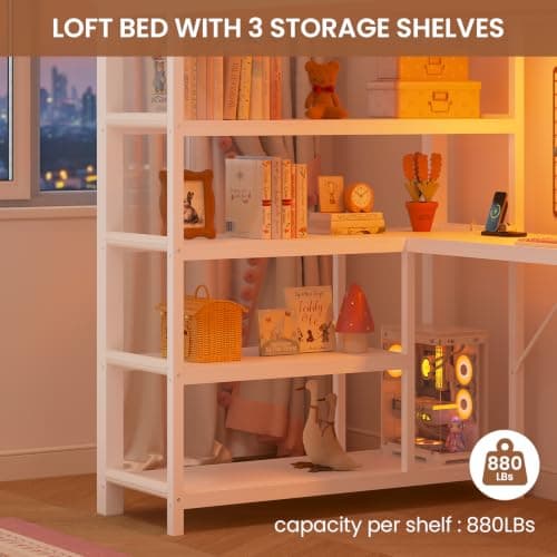 Miniatura de Cama Loft Matrimonial UPOSOJA con Escritorio en L, Cajonera, Estantes, Luz LED y Contactos 5
