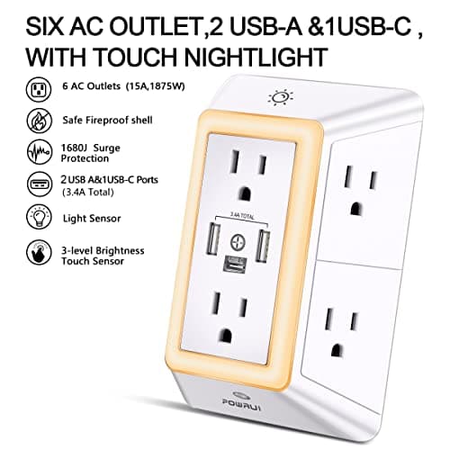Multi Plug Wall Outlet Night Light, POWRUI 6 Outlet Extender & 3 USB Ports
