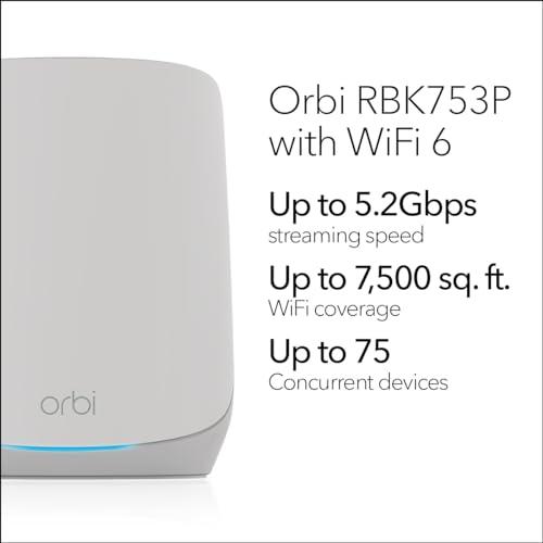NETGEAR Orbi WiFi 6 Mesh Tri-Banda (RBK753P) – Router + 2 Satélites – 697 m² y 75 Dispositivos AX5200