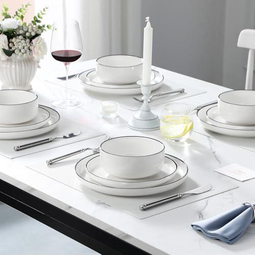 MALACASA Plates and Bowls Sets, 12 Pieces Modern Porcelain Dinnerware Set for 4 White Kitchen Dinner Dining Ware Set wtih Black Rim Ceramic Dishware Dishes Microwave and Dishwasher thumbnail 5