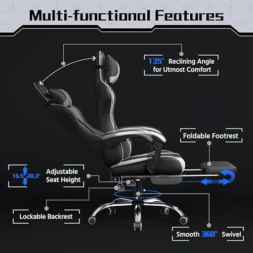 Yaheetech Gaming Chair with Footrest Massage Lumbar Pillow Black and White thumbnail 6