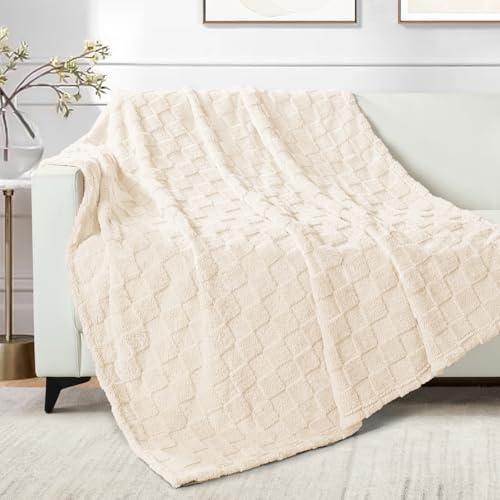 Exclusivo Mezcla Fleece Throw Blanket for Couch,Super Soft and Warm Lightweight Checkered Pattern Blankets for All Seasons, 50x60 Inches, Ivory thumbnail 2