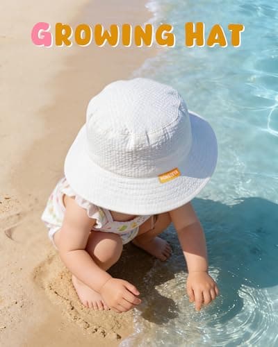 HONGTEYA Baby Sun Hat Toddler Boy Bucket Hat Kids Summer Beach Hat Wide Brim Sun Protection White/Lightblue
