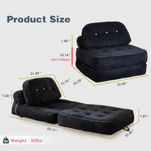Sillón Cama Plegable NESLAKO de Franela con Almohada y Manta para Espacios Pequeños, Negro