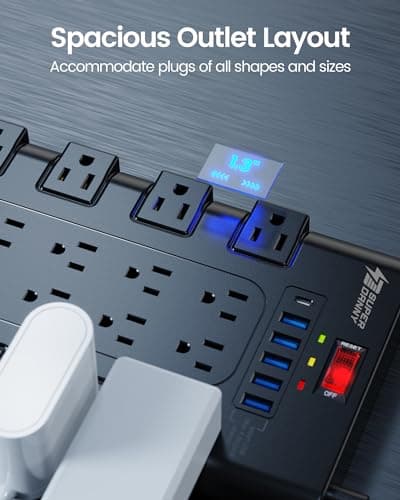 Power Strip, SUPERDANNY Surge Protector with 22 AC Outlets and 6 USB Charging Ports, 1875W/15A, 2100 Joules, 6.5Ft Flat Plug Heavy Duty Extension Cord for Home, Office, Dorm, Gamin thumbnail 3