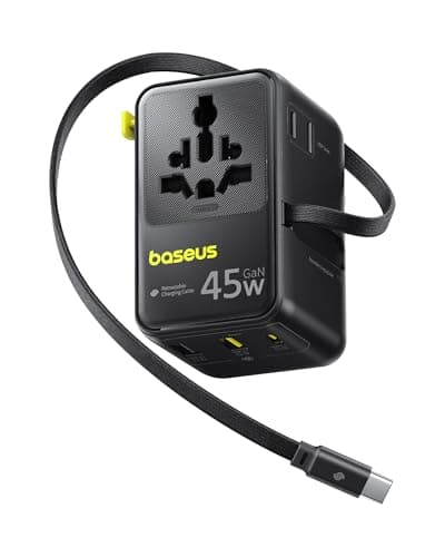 Baseus 45W European Travel Plug Adapter, 6-in-1 Universal Power Adapter with USB-C Retractable Cable, PD Fast Charging GaN International Travel Essentials for Over 200 Countries - 