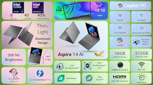 acer Aspire 14 AI Copilot+ PC | 14" WUXGA Display | Intel Core Ultra 5 Processor 226V | NPU: Up to 40 Tops - GPU: Up to 53 Tops | Intel ARC 130V | 16GB LPDDR5X | 512GB SSD | Wi-Fi 