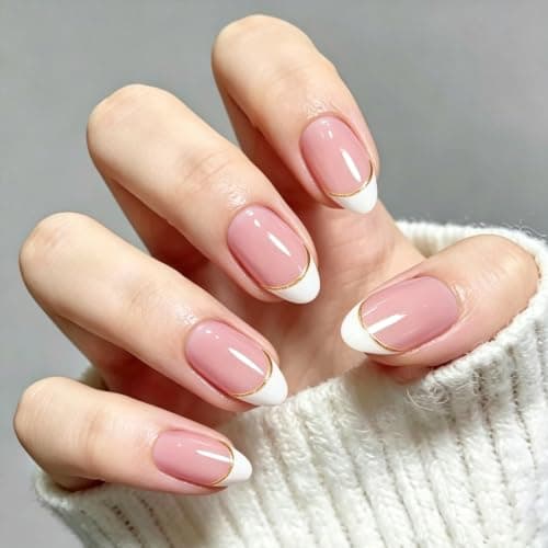 HELIVIVE French Tip Press On Nails, Short Almond 32Pcs 16 Sizes Fake Nails | Reusable Stick-On Nails with Glue, 3 Weeks Wear,Salon-Quality Natural Fake Nails,Curved Fit,Nude Pink & White with Gold Lin