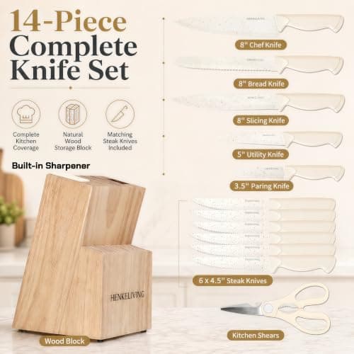 HENKELIVING 14-Piece Cream Kitchen Knife Block Set with Built-in Sharpener | Dishwasher safe, german high-carbon stainless steel blades, ultra-sharp edges, ergonomic non-slip handles thumbnail 2