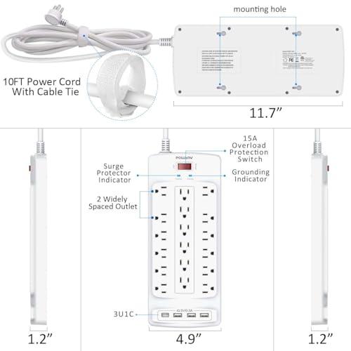 Regleta Protectora de Sobretensión de 18 Tomas con 4 USB, Cable Plano de 3m y 2100 Joules
