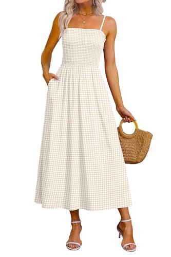 OFEEFAN Maxi Dress Spaghetti Strap Dresses Business Casual Spring Swing Sundresses for Women 2026 Summer Beach Vacation Cruise Outfits Khaki Gingham M