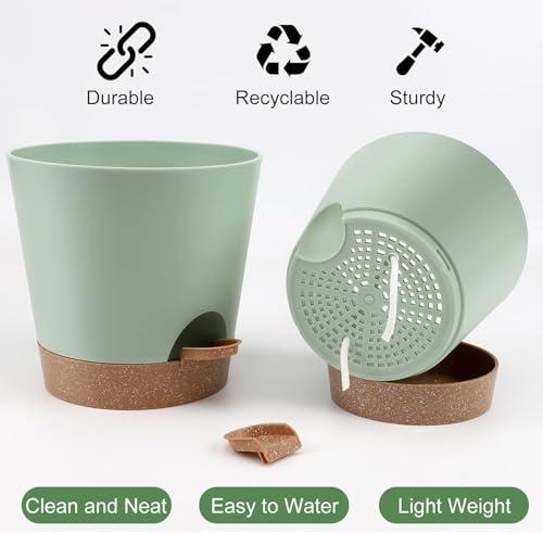 Miniatura de Macetas YNNICO Autorriego con Drenaje y Platos, 6 Tamaños (Verde+Café) 4