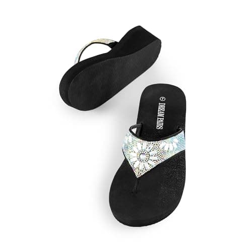 DREAM PAIRS Women's Rhinestone Platform Wedge Flip Flops Summer Beach Comfortable Thong Sandals,Size 10,Multi Flower,SDFF2401W