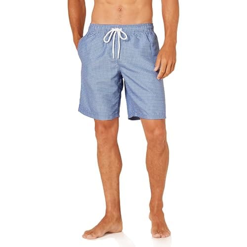 Traje de Baño Amazon Essentials para Hombre, 9", Transpirable, Estampado Geométrico Azul, Talla S