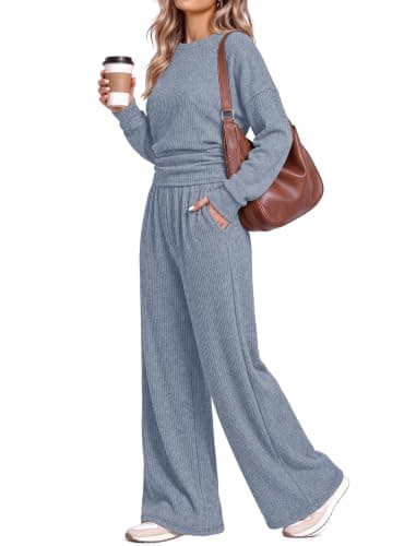 Two Piece Sets for Women Y2K Matching Set Cute Fall Clothes Winter Blue M | 2 piece sets for women, airport travel outfit, lounge sets, going out, cinched waist crop tops, wide leg pants, holiday thumbnail 4